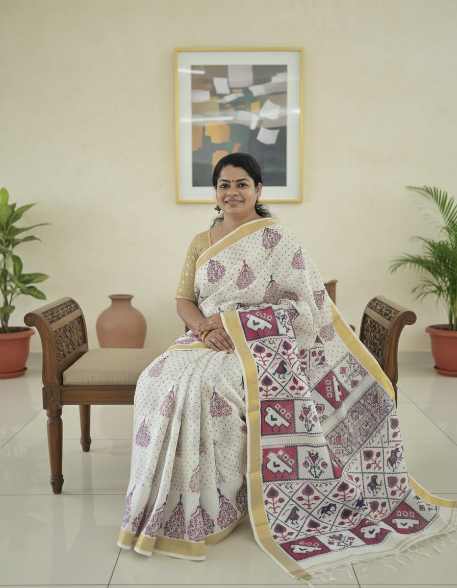 Kerala Traditional Cotton Dancing Girl all over print Sarees